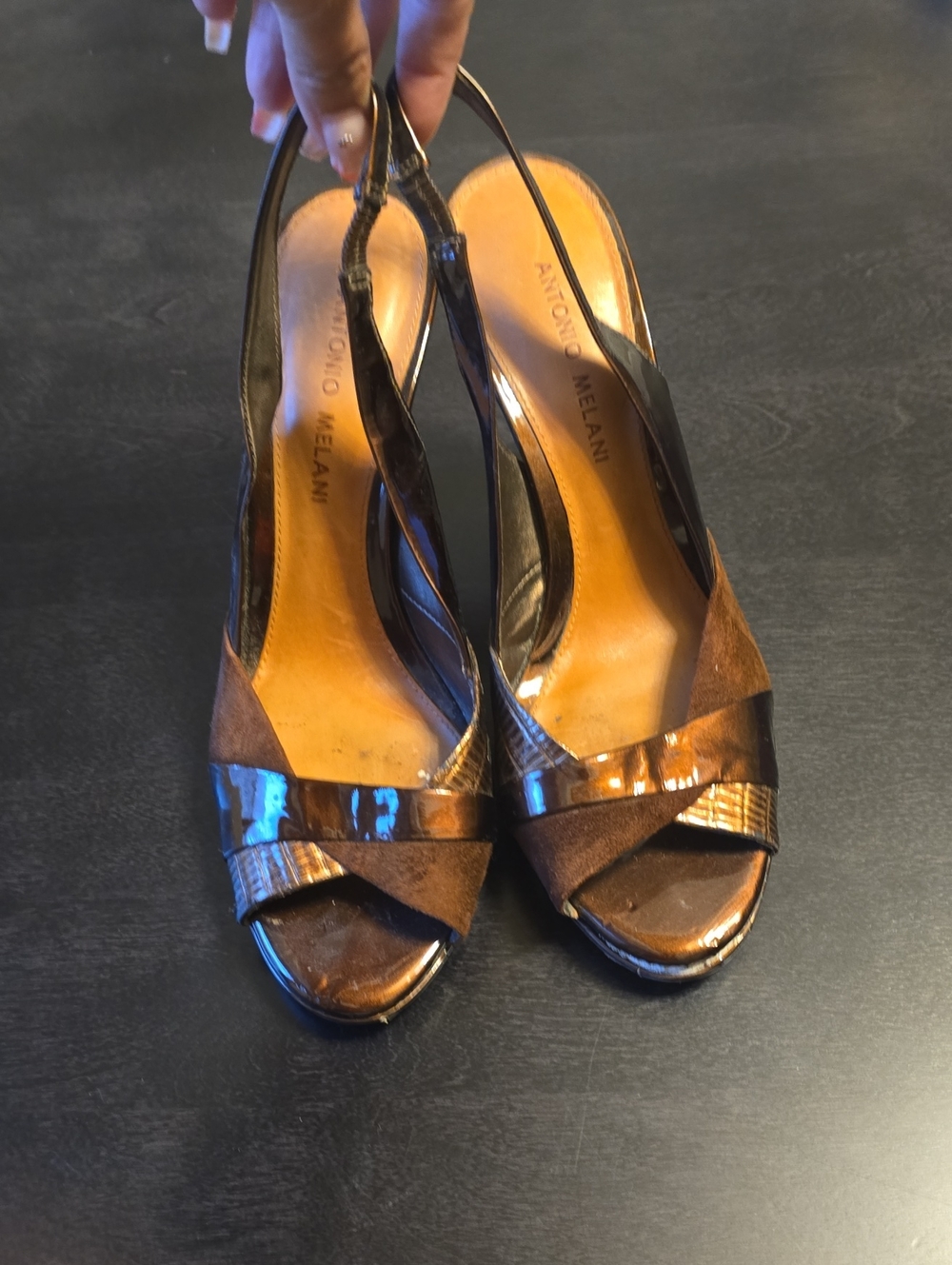 ANTONIO MELANI Brown Patent & Suede Peep-Toe Slingback Heels